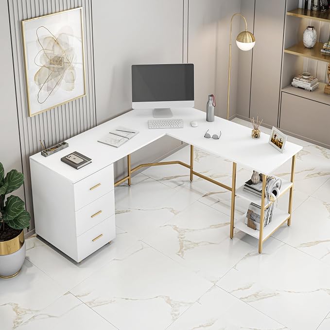 Techni Mobili L Shaped Desk - Two-Toned Computer Desk with Drawers & Storage Shelves - Simple Modern Furniture & Home Office Space Corner Table for Work & Writing