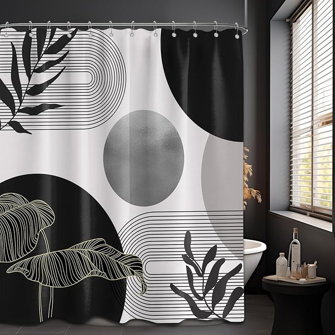 Black and Grey Shower Curtain Black White Gray Mid Century Modern Shower Curtains for Bathroom Decor Boho MCM Mens Cool Bath Curtain Set, Waterproof Fabric with Hooks 70 x 72 Inch