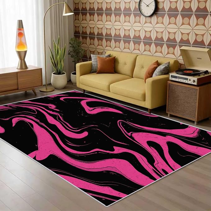 70s Rug 4x6 Retro Black Pink Abstract Hippie Pattern Area Rugs for Living Room, Bedroom, 70s Home Decor Accessories Indoor Carpet, Non Slip & Machine Washable, GD0385