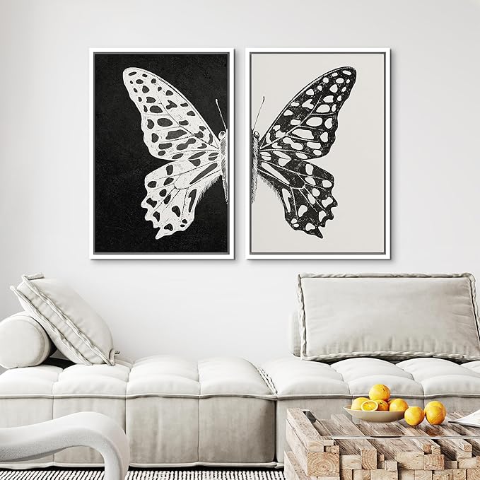 MUDECOR Framed Canvas Wall Art Black and White Butterfly Prints Minimalist Modern Art Boho Wall Decor for Bedroom - 16"x24"x2 White