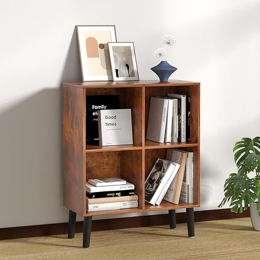 4 Cube Storage Organizer with Legs, 2 Tier Cube Low Bookcase Freestanding Storage Display Organizer for Home Office, Four-Cubes Open Shelf Bookshelf (Retro Brown, 4 Cube)