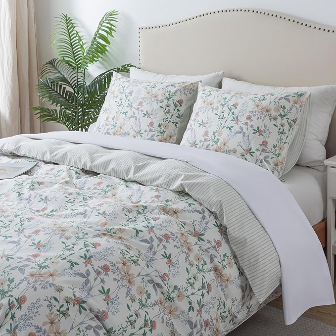 HoneiLife Duvet Dover Queen Size - 100% Cotton Comforter Cover, Breathable Bedlinen for Set for Queen Beds, 3-PC Wildflower Comforter Cover Sets,Desert Rose