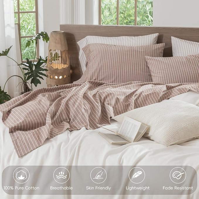 MooMee Striped Sheet Set 100% Washed Cotton Linen Like Textured Breathable Durable Soft Comfy (Dark Orange White Wide Stripes, King)