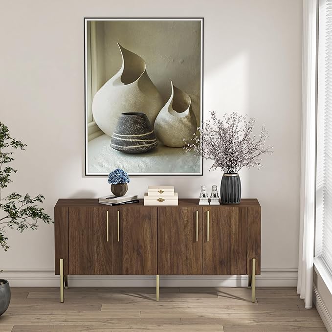 roomfitters Walnut Mid Century Modern TV Stand for TVs up to 65", Sideboard Buffet Cabinet for Living Room, Walnut Entertainment Center with Doors, Credenza Media Console with Storage, Gold Legs…