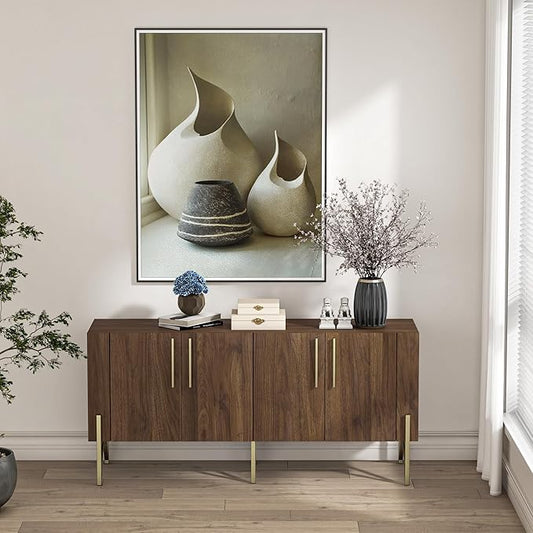 roomfitters Walnut Mid Century Modern TV Stand for TVs up to 65", Sideboard Buffet Cabinet for Living Room, Walnut Entertainment Center with Doors, Credenza Media Console with Storage, Gold Legs…