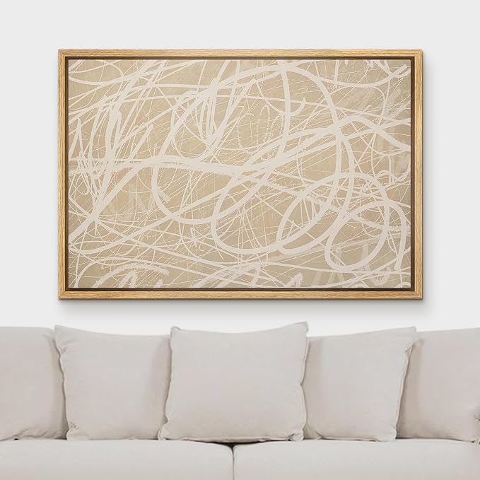 MUDECOR Framed Canvas Print Wall Art Beige Abstract Line Scribble Modern Minimal Illustrations Minimalism Decorative Bohemian Zen for Living Room, Bedroom, Office - 16"x24" NATURAL