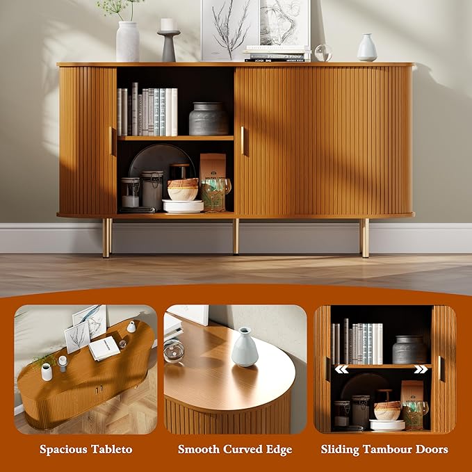 DHH Sideboard Buffet Cabinet with Storage,Mid Century Modern Fluted Accent Coffee Bar Console Table,Tambour Sliding Doors& Adjustable Shelf for Kitchen, Living Room, Entryway(Yellow Walnut 55 Inch)