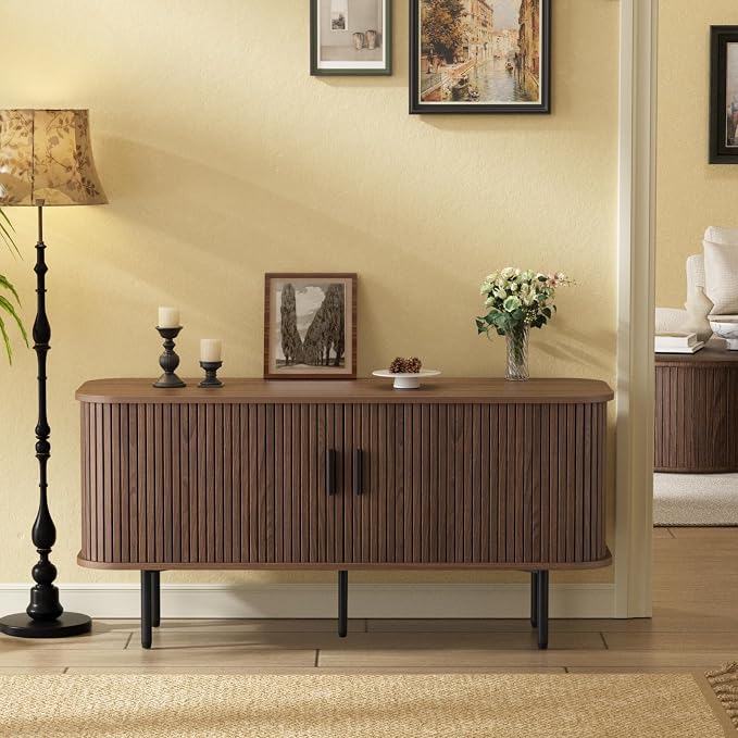 55''W Walnut Cabinet with Storage, Media Console, Tambour TV Stand, Television Stands with Curvy Edge; Sliding Door, Fluted Cabinet, Buffet Sideboard, Credenza, Table Stand for Living Room, Kitchen