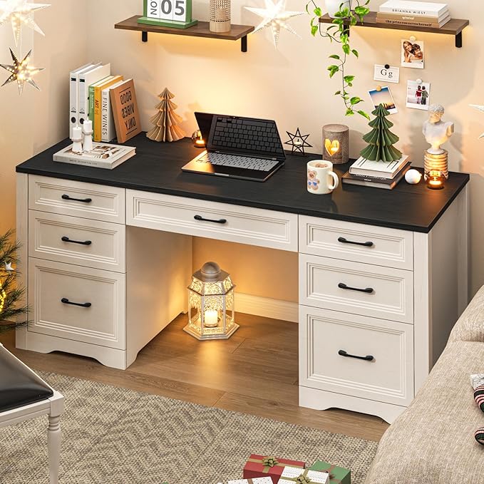 Vabches Farmhouse Executive Desk, Wood Home Office Desk with 2 Large File Drawers and 5 Storage Cabinets, Rustic Writing Desk for Work and Study, Black