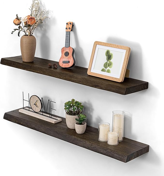 Dreamland Wood Floating Shelves 36 Inch Long, Rustic Solid Elm Wood Live Edge Shelves for Home Decor, 8 Inch Deep Wall Shelf for Living Room Bathroom Bedroom Kitchen, Walnut Color, Set of 2