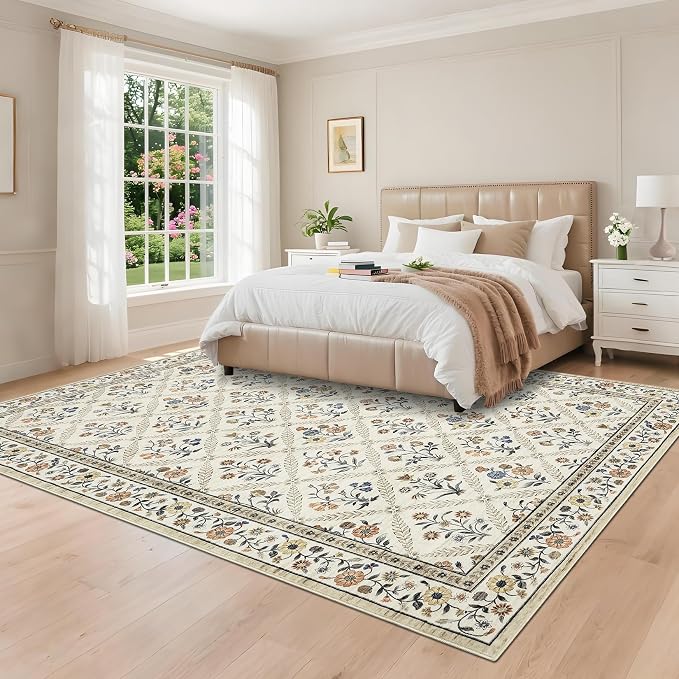 GarveeHome Large Area Rugs 10x13 Washable Rug for Spring Farmhouse Floral Carpet Beige Sand Soft Non Slip Low Pile Faux Wool Stain Resistant for Bedroom Kitchen Bathroom Laundry