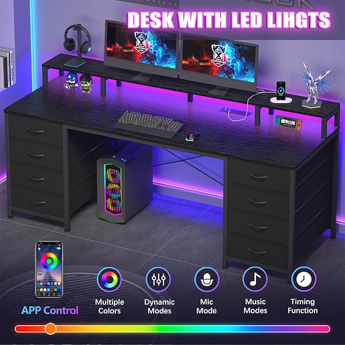 YOMILUVE 60 Inch Computer Desk with 8 Drawers, Gaming Desk with LED Lights & Power Outlets, Home Office Desk with Monitor Stand, Black