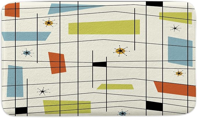 Mid Century Kitchen Rug Bath Rug, Aesthetic Abstract Geometric Mid Century Bath Mat Rug, Teal Blue Retro Grid Starbursts 1950S 1960S Modern Minimalist Floor rug mat for Kitchen/Bathroom,17X29Inch