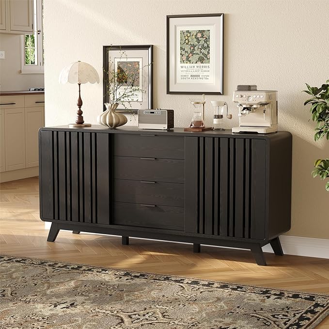 ONBRILL Sideboard Buffet Cabinet with Storage, Fluted Buffet Cabinet with Sliding Doors & 4 Drawers, Mid Century Modern Coffee Bar Wine Bar Credenza for Living Room, Kitchen (Black)