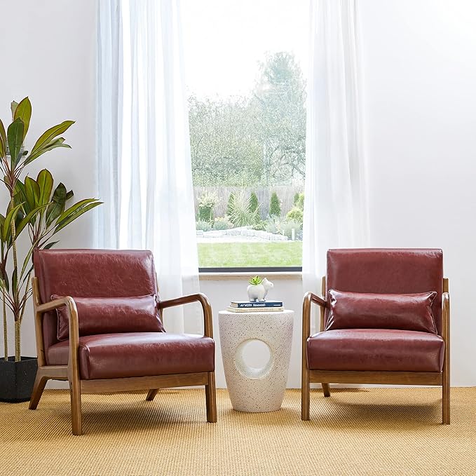 Glitzhome 2 Set Mid Century Red Accent Armchair, Single Reading Armchair PU Leather Lounge Chair with Walnut Ruberwood Frame