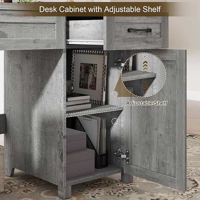 Vabches Farmhouse 47" Executive Desk, Computer Desk with Drawers and Storage Cabinet, Workstation Computer Desk for Home Office and Study.(Grey)