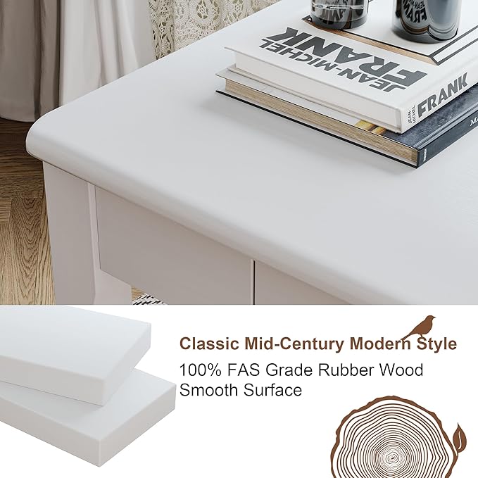 Solid Wood Desk with Drawers - 32 x 16 Inch Simple Narrow Desks, Rubber Wood Study Table, Small Writing Desk for Bedroom|Small Spaces - Modern White Desks