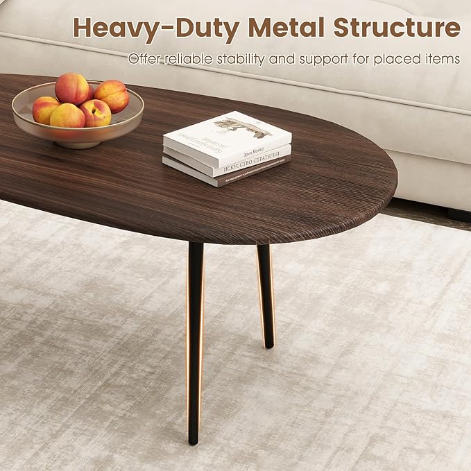Giantex Oval Coffee Table, Mid Century Modern Center Table with Sturdy Metal Frame and Compact Design, Vintage Accent Cocktail Tea Table, Wood Living Room Tables for Small Spaces (Walnut)