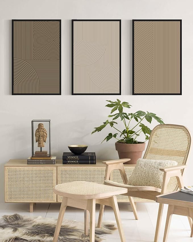PHOPAGO 16x24in Large Minimalist Abstract Framed Wall Art Modern Boho Neutral Line Wall Decor Geometric Artwork Bedroom Living Room Black Framed