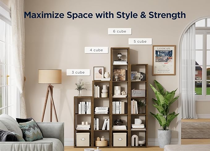 5 Cube Storage Organizer Single Row, Cube Shelf with Heavy-Duty Thick Boards, 13.31" L x 9.37" W x 60.55" H, Smooth Easy-Clean Panels, Simple Assembly, for Living Room Bedroom Office, Brown