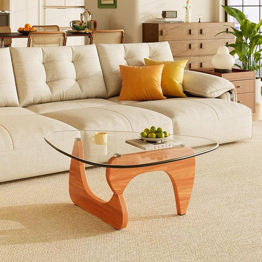 Coffee Tables Glass Small Farmhouse Coffee Table Mid-Century Modern Wood Center Table for Living Room, Walnut Transparent, 36 Inch