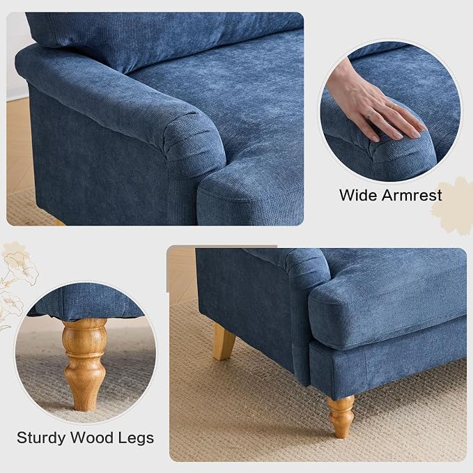Bezseller Oversized Accent Chair Indoor, 46" W Large Upholstered Single Sofa Chair and Wood Legs, Big Comfy Armchair Leisure Lounge for Living Room, Bedroom, Apartment, Reading Room(Blue)