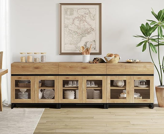 WAMPAT 3 in 1 Multifunctional Sideboard Buffet Cabinets with 6 Glass Doors, Modern Sideboard Credenza, Coffee Bar Storage Cabinet for Living Room, Kitchen, Oak