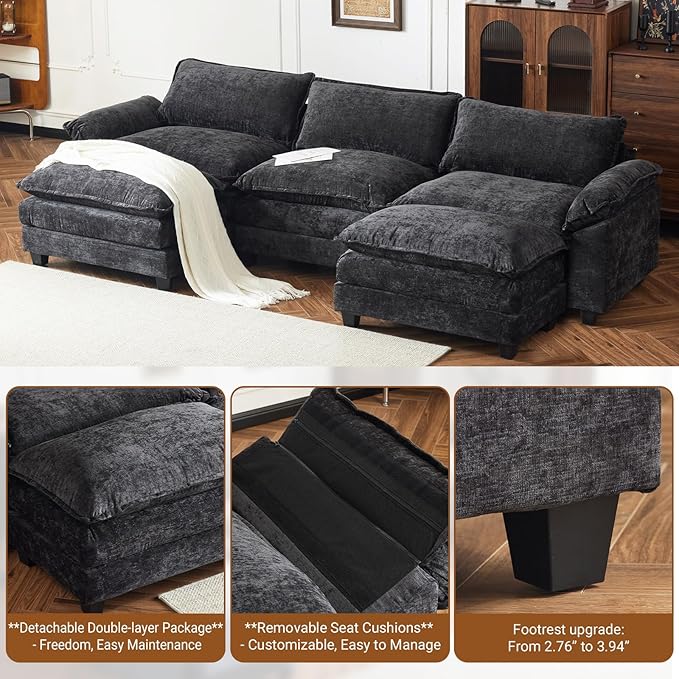 VINGLI 122" Cloud Double-Layer Deep Convertible Sectional Sofa, Comfy L-Shape 3-Seat Couches for Living Room, Modern Couch with Two Movable Ottoman for Small Space, Chenille Black