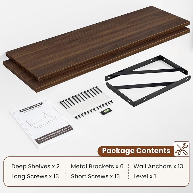 Deep Wall Shelves 48"W x 12"D Engineered Wood Floating Shelves for Wall, Sturdy Metal Bracket Bookshelves Home Decor Storage for Living Room Bedroom Bathroom Kitchen, Set of 2, Walnut Finish