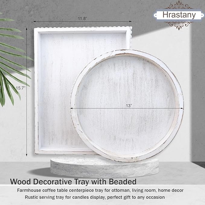 Hrastany Wood Decorative Coffee Table Serving Tray, Farmhouse Rectangular Tray with Wooden Bead for Ottoman, Entertaining, Home Decor, 15.7”*11.8”*1.57” (Whitewashed)