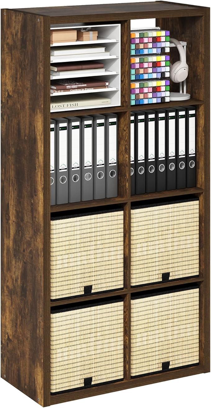 Furinno Cubicle Book Shelf, 8-Cube Bookshelf, Extra Thick Frame Horizontally & Vertically Reversible Bookcase with Open Back, 14.6" x 30" x 58", for Living Room, Bedroom, Home Office, Amber Pine