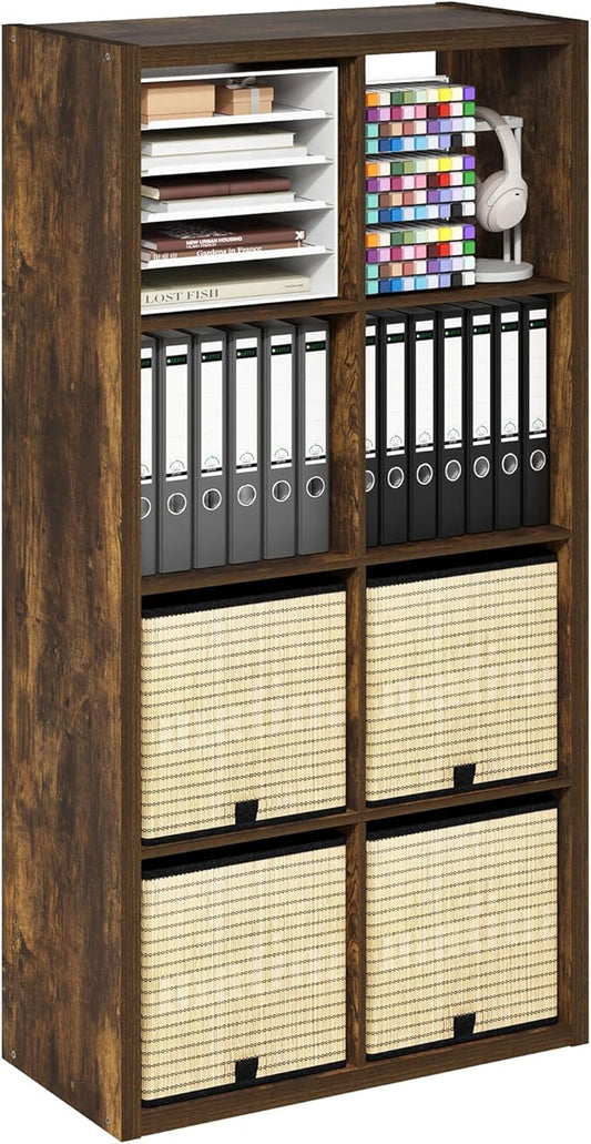 Furinno Cubicle Book Shelf, 8-Cube Bookshelf, Extra Thick Frame Horizontally & Vertically Reversible Bookcase with Open Back, 14.6" x 30" x 58", for Living Room, Bedroom, Home Office, Amber Pine