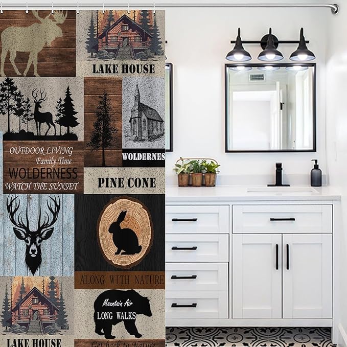 Rustic Cabin Shower Curtain Bear Deer Forest Wildlife Country Lodge Hunting Camping Animal Farmhouse Vintage Waterproof Shower Curtains for Bathroom Decor 12 Pack Hooks 55x72in（140x183cm）