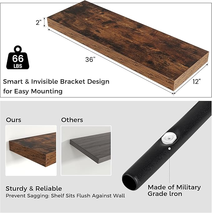 Floating Shelves for Wall, 36" W x 12" D x 2" H, 2 Pack of Long Wall Mounted Engineered Wood Shelves with Invisible Brackets for Living Room, Bedroom, Bathroom, Kitchen Decor, Brown