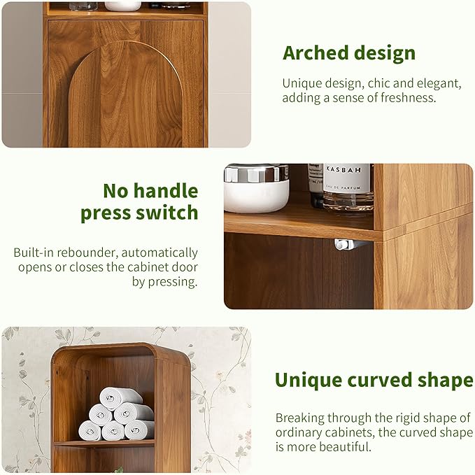 Tall Narrow Storage Cabinet with Arched Door, Slim Bathroom Cabinet with 5 Tier Shelves, Wood Mid Century Modern Display Cabinet for Living Room, Kitchen, Walnut, Adjustable Shelf, Wooden, Thin