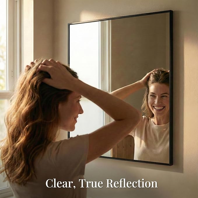 30"x30" Square Black Bathroom Mirror, Shatterproof Tempered Glass, Geometric Narrow Metal Frame Vanity Mirror, Ultra-Flush Wall-Mounted
