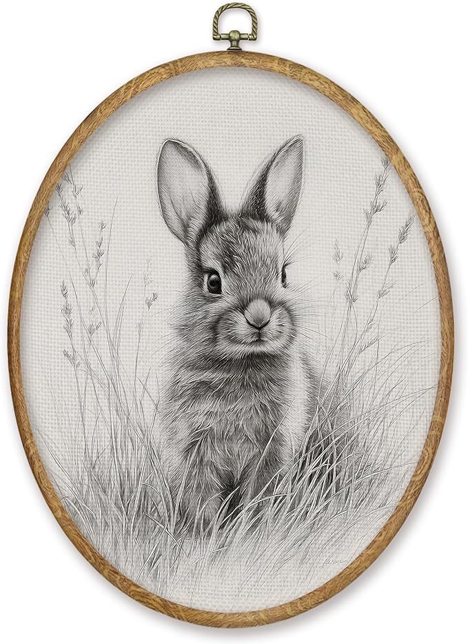 CGBHW Easter Bunny Oval Wall Art Decor, Rustic Farmhouse Bunny Canvas Prints Framed, Neutral Cottagecore Easter Sketch Rabbit Wall Art Hanging Decor for Home Kitchen Bedroom Living Room, 8.6x11.4 Inch