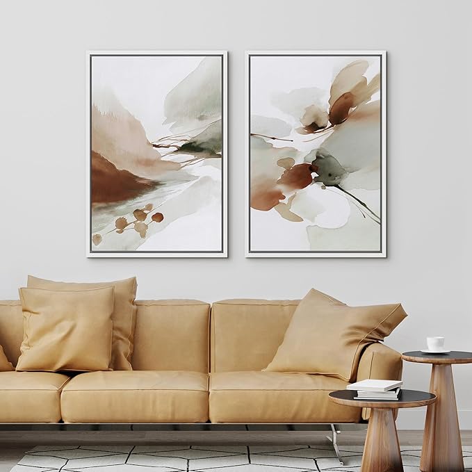 IDEA4WALL Framed Canvas Print Wall Art Set Earth Tone Watercolor Abstract Minimalist Nature-Inspired Illustrations Modern Art Decorative Calm/Zen for Living Room, Bedroom, Office - 16"x24"x2 White