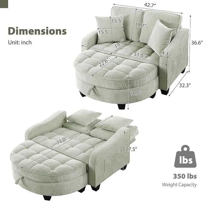 Round Chaise Lounge Chair with Storage Ottoman, Oversized Bubble Chair and a Half Featuring Adjustable Backrest, Plush Reading Accent Chair and Ottoman Set for Bedroom, Mint Cyan