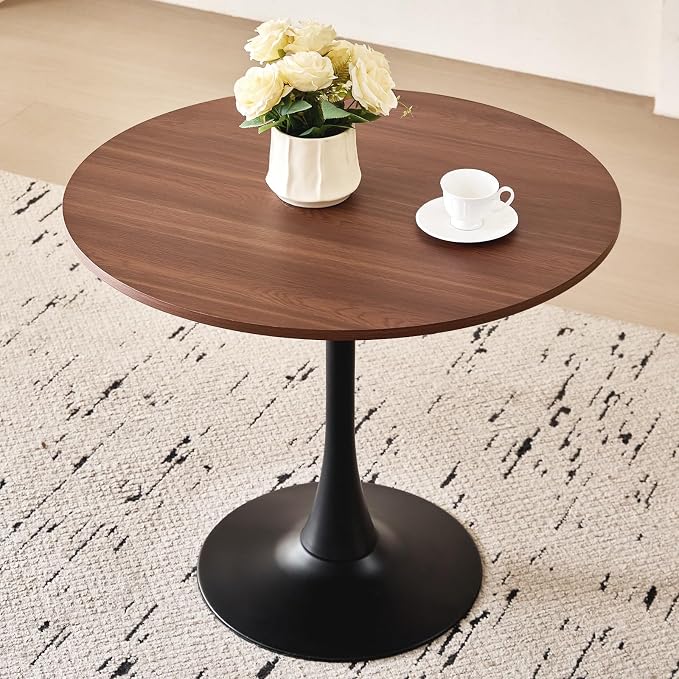 31.5" Round Dining Table for 2-4 Modern Circle Tulip Table with Metal Black Tulip Pedestal Base for Kitchen Dining Living Room Apartment Small Space Cafe, Brown