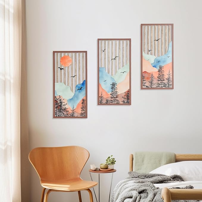 Rustic Forest Mountain Wall Art Set of 3 - Nature Inspired Wood Wall Decor Panels for Living Room, Bedroom, Cabin & Office - Minimalist Landscape Pictures of Nature (Landscape - 15.7 x 7.87 inch)