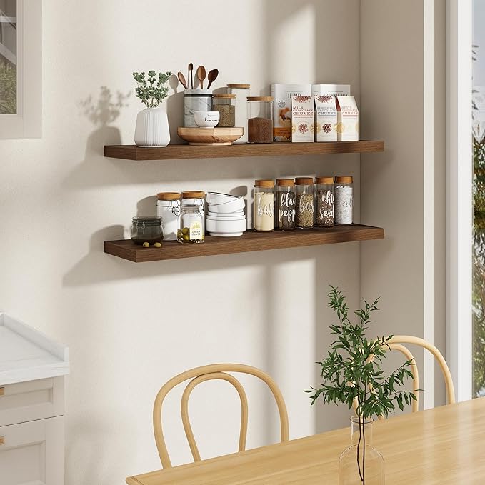 48"W x 9.3"D Floating Shelves for Wall, Wall Mounted Bathroom Shelves 2 Pack Deep Floating Shelf for Bedroom Kitchen Living Room, Rustic Wooden Wall Shelf with Invisible Bracket for Books Decor