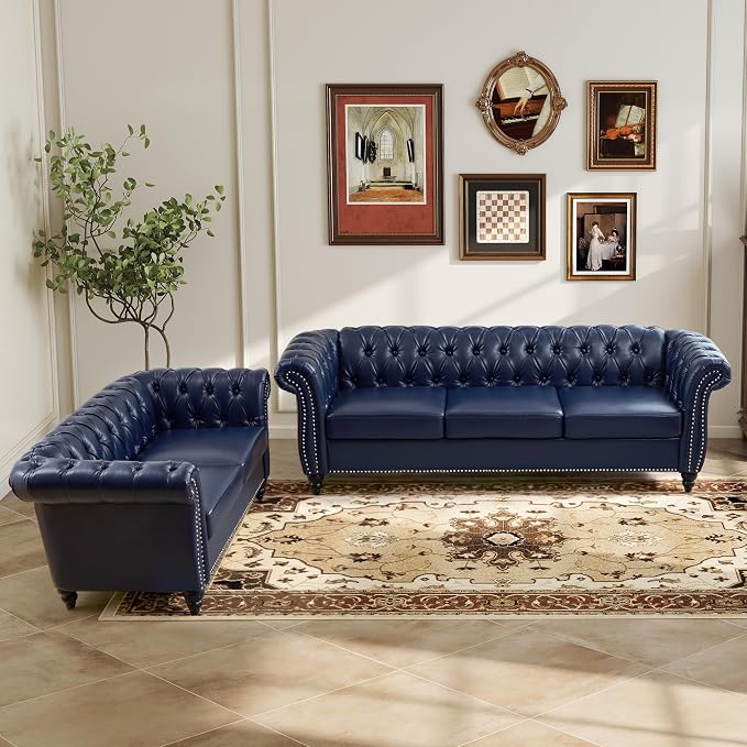 LEVNARY Chesterfield Sofa, 3 Seater Tufted Couch for Living Room, Classic Button Tufted Upholstered Sofa, Modern Mid-Century PU Leather Sofa (Blue)