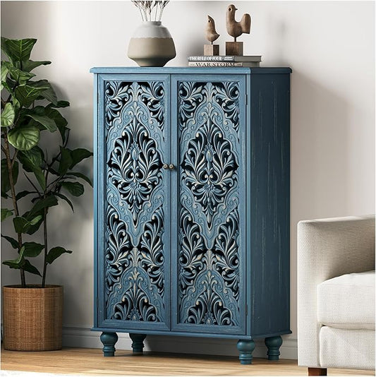 47" Tall Accent Cabinet with Navy Blue Mandala Carved Doors, Solid Wood Legs Storage Cabinet with 100 lbs Capacity, Boho Farmhouse Sideboard Buffet for Entryway, Living Room & Coffee Bar