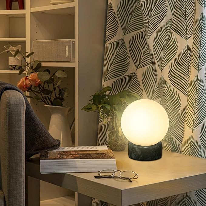 FLORNIA Globe Tble Lamp, Modern Industrial Round Table Lamp, Unique Bedside Nightstand Desk Lamp with Glass Shade and Marble Base for Bedroom, Living Room, Office Study, Decoration (Include Bulb G45)