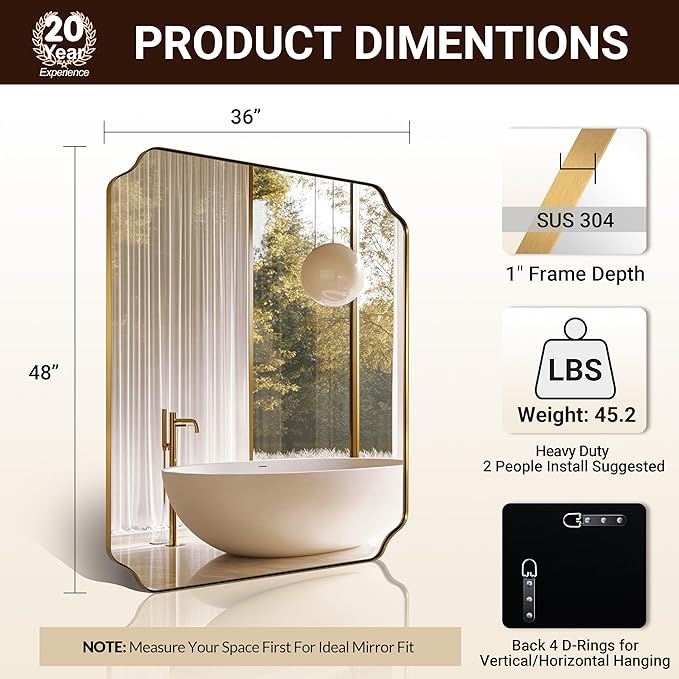 ANDY STAR 36"x48" Large Gold Mirror, Brushed Brass Rectangle Bathroom Mirror, Scalloped Vanity Mirror in Anti-Rust Stainless Steel 1’’ Frame, Unique Notched Corner Mirror, Ideal for Home Remodel