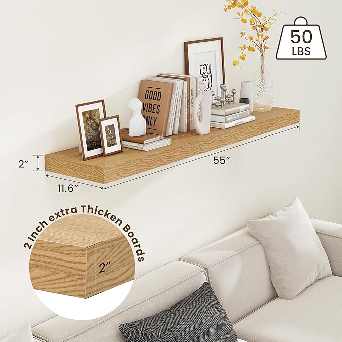 12 Inch Deep Floating Shelves | 55 Inch Oak Floating Shelves | 55" W x 12" D Rustic Wood Shelves for Wall | Deep Oak Shelves for Living Room Bathroom Laundry Room Kitchen