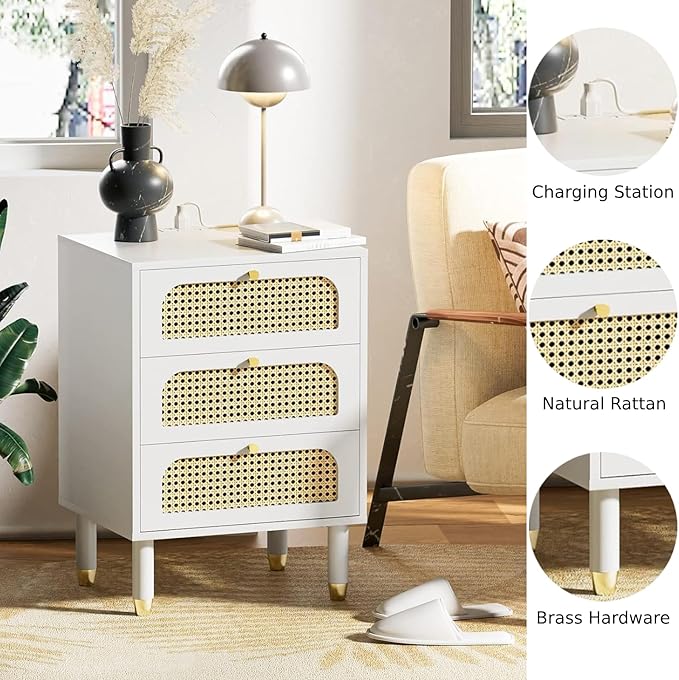 VINGLI Rattan Nightstand with Charging Station, 27" Tall White Nightstand with 3 Drawers for Bedroom, Boho Mid Century Modern Bed Side Table/End Table (White, 2 Pack)