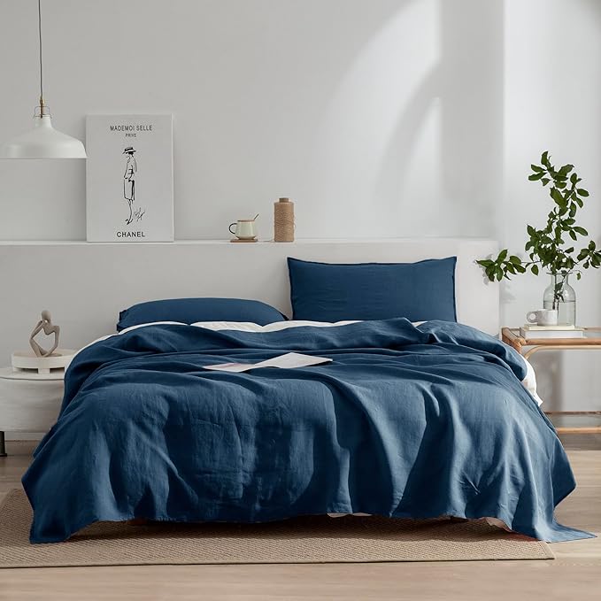 EVERLY Linen Sheets Set Full Size,100% French Stonewash Pure Linen Sheets Set,4Pieces (1Flat Sheet,1Fitted Sheet,2Pillowcase) Suitable for Hot Sleepers,Deep Pocket Natural Bedding Set-Navy Blue