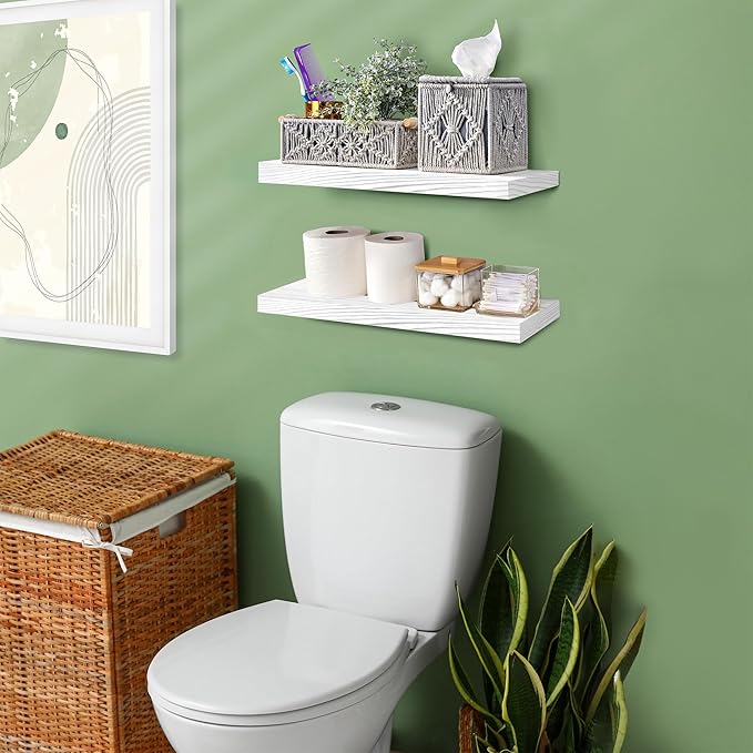Sorbus Wood Floating Shelves for Wall - 16” Solid Wood Wall Shelves for Bathroom Decor, Books, Bedroom & Living Room - Set of 2 White Wall Mounted Kitchen Shelves - Durable Solid Pine